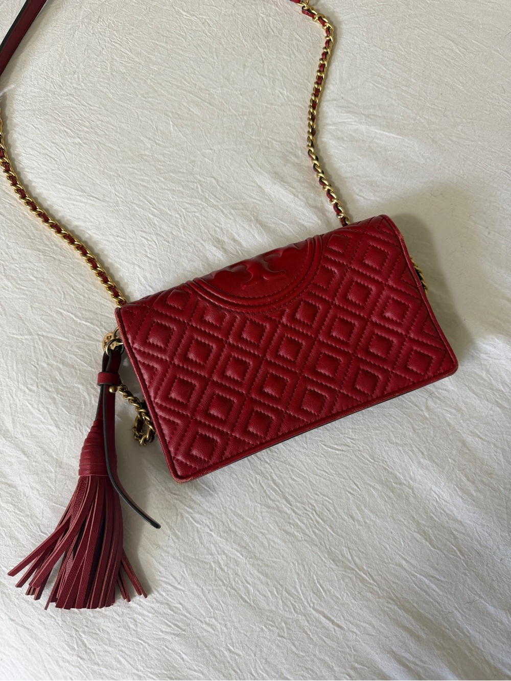 Tory Burch Red Quilted Leather Crossbody Bag with Tassel